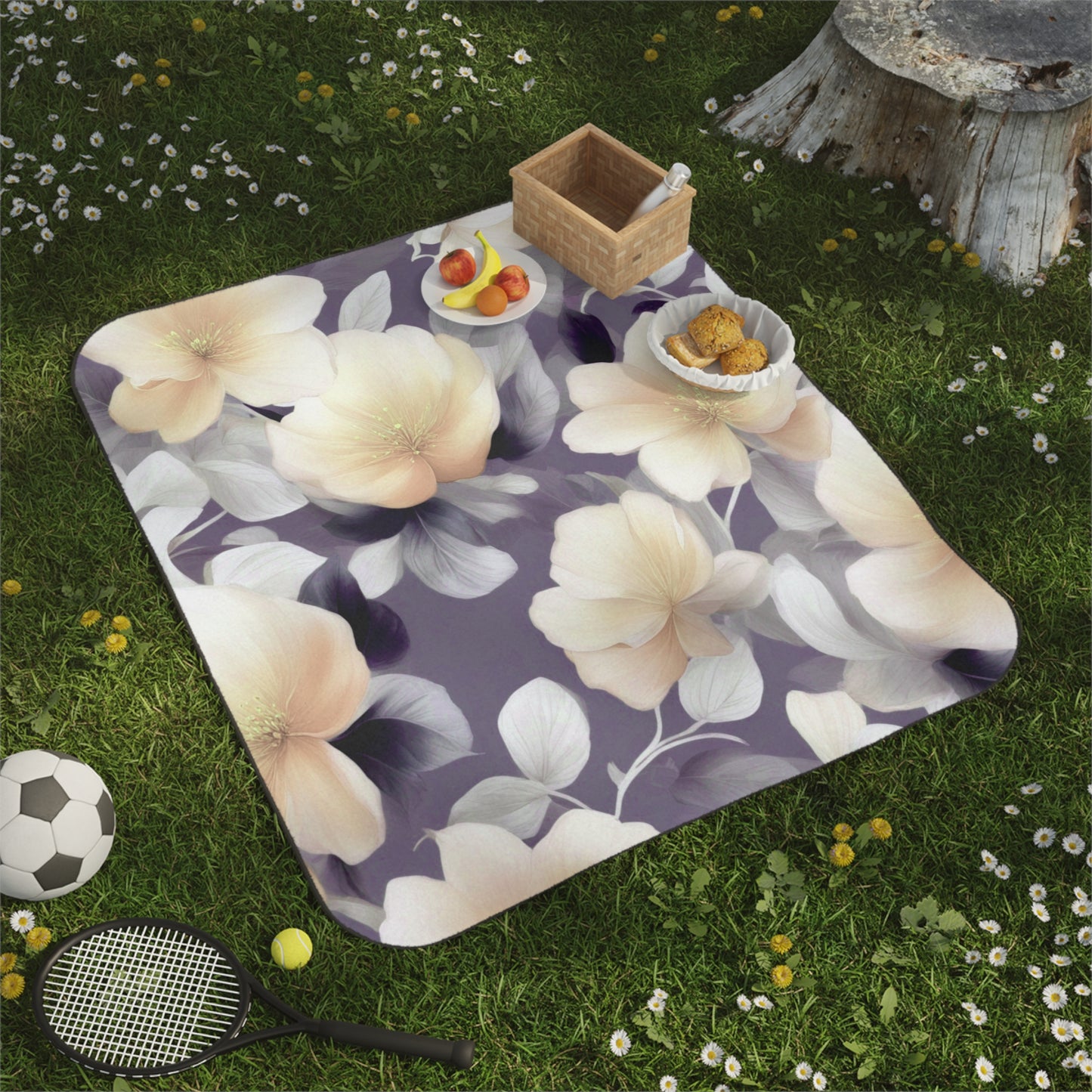 White Blush Floral Bunch 61" × 51" Picnic Blanket