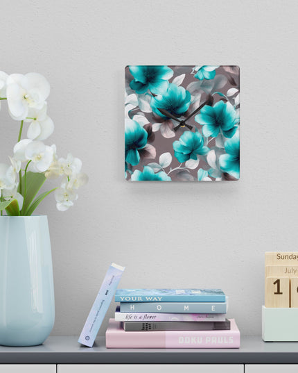Tif Green Gray Floral Bunch Acrylic Wall Clock, Round or Square, 10.75" x 10.75"