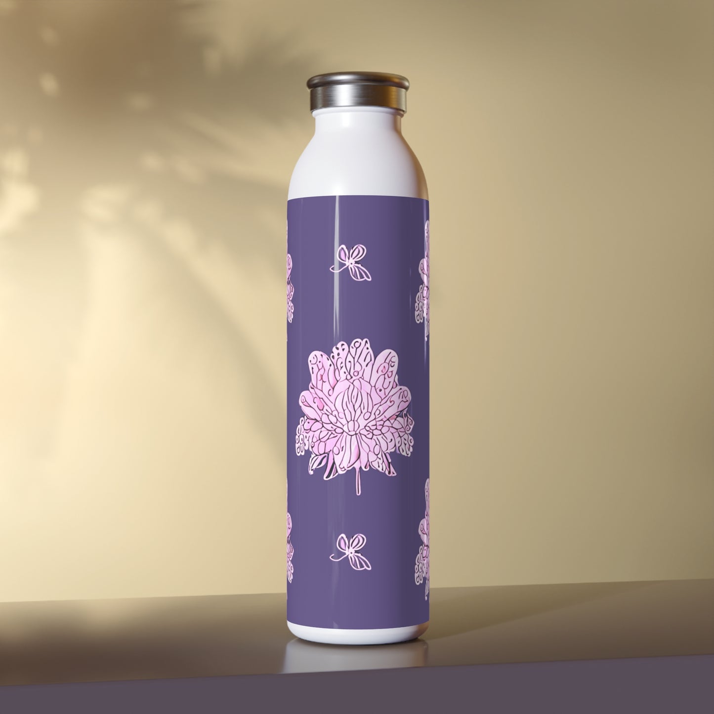 Magenta Floral Butterflies Slim Water Bottle, 20 oz White