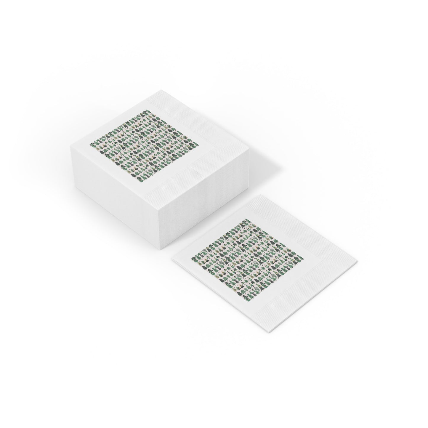 Mini Vintage Green Trees White Coined Napkins, 4.8" x 4.8"