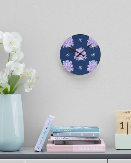 Purple White Floral Butterflies Acrylic Round Wall Clock, 8" x 8"