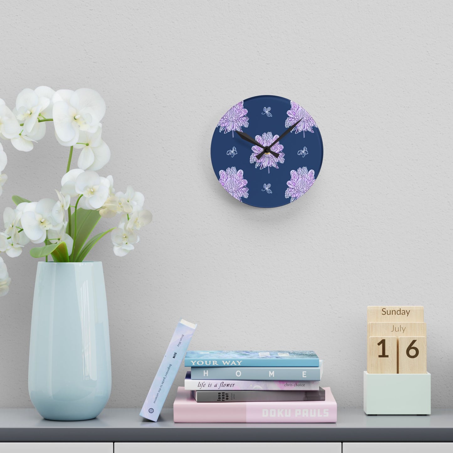 Purple White Floral Butterflies Acrylic Round Wall Clock, 8" x 8"