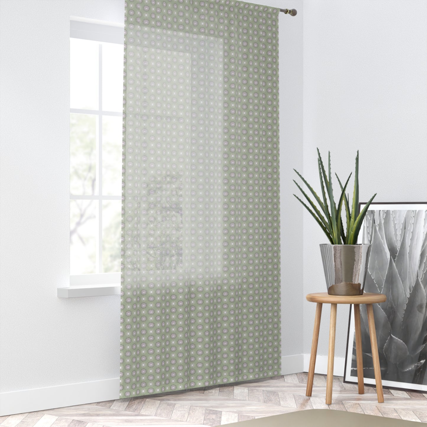 Olive Star-crossed Bodies Sheer Window Curtain, 50" x 84", partially transparent
