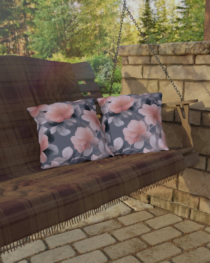 Peach and Blue Gray Floral Bunch Outdoor Pillow, 16" x 16"