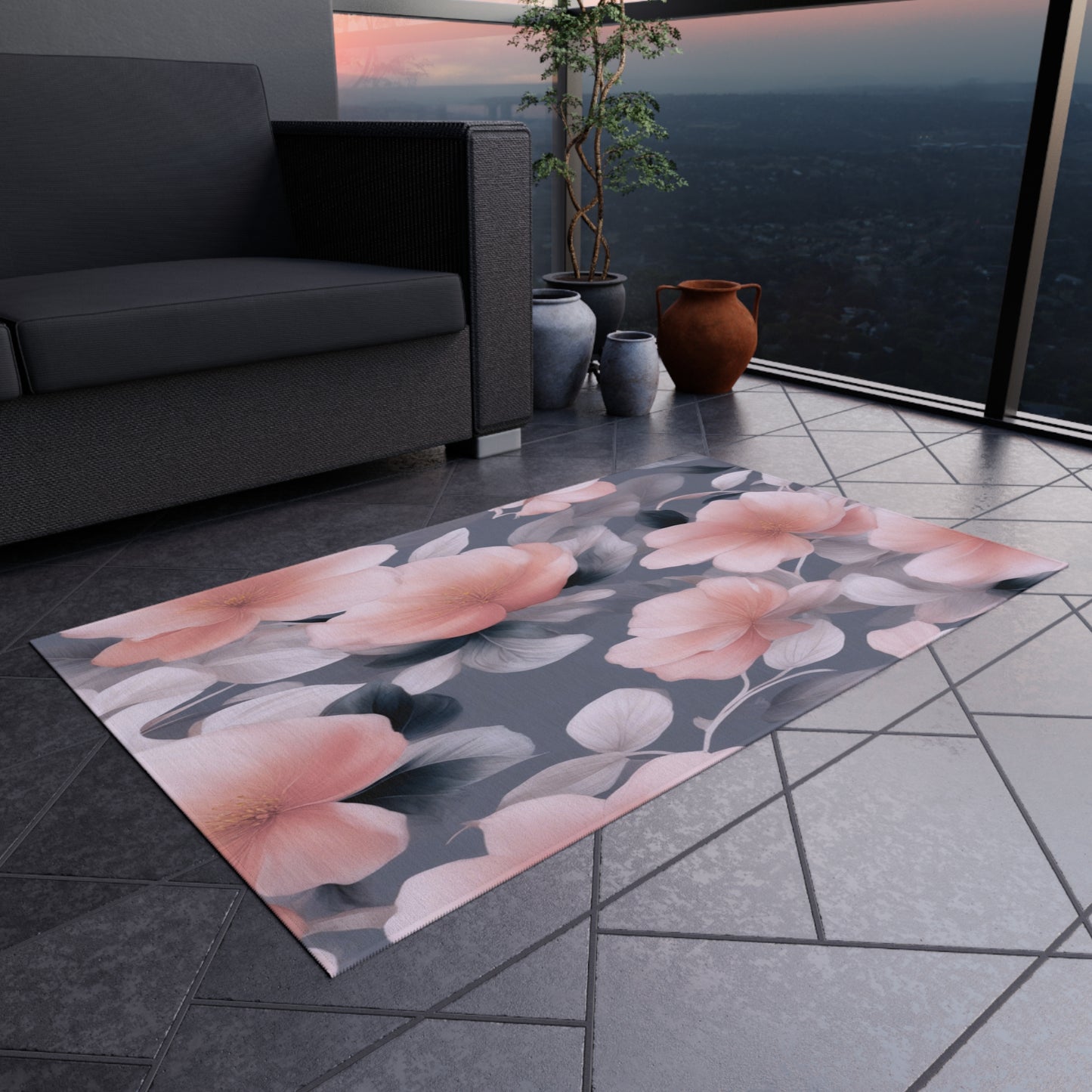 Peach and Blue Gray Floral Bunch Outdoor Rug, 36" x 60"