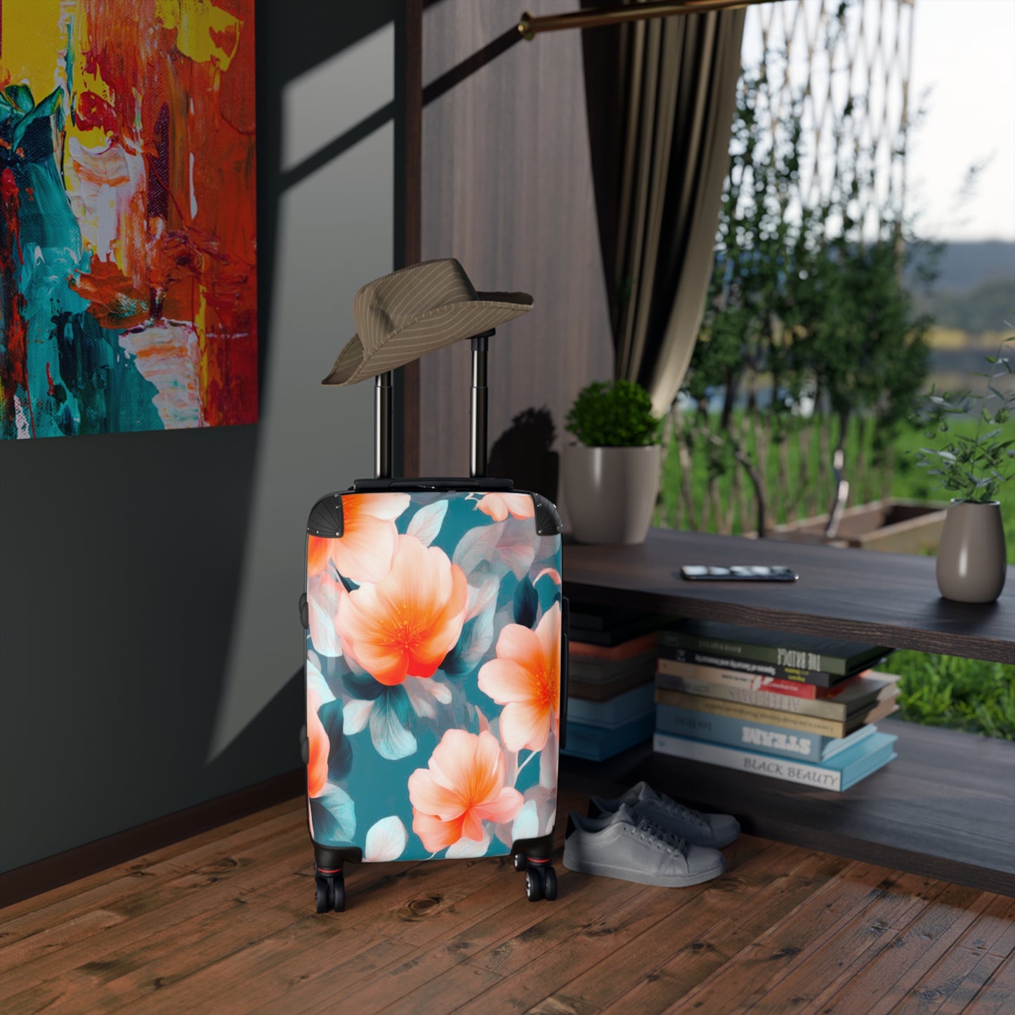 Orange Blossom Floral Bunch Small Suitcase with built in lock, 4 double-wheels, telescopic handle, and ABS back hard-shell