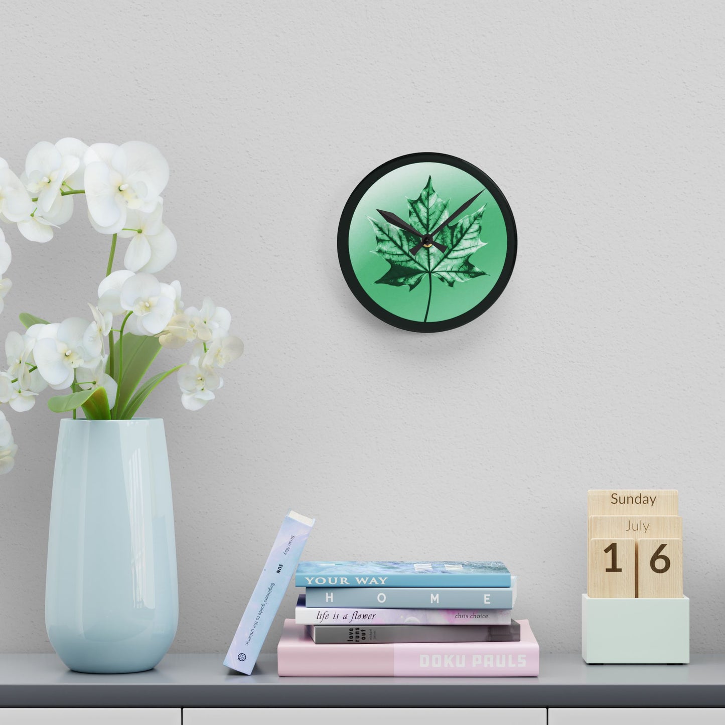 Mint Green Maple Leaf Acrylic Round Wall Clock, 8" x 8"