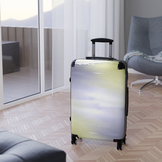Lavender Sea Golden Fog Medium Suitcase with built in lock, 4 double-wheels, telescopic handle, and ABS back hard-shell