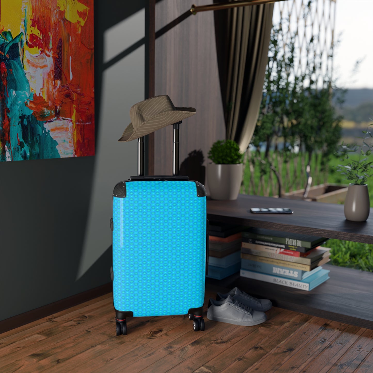 Light Blue Star-crossed Bodies Small Suitcase with built in lock, 4 double-wheels, telescopic handle, and ABS back hard-shell