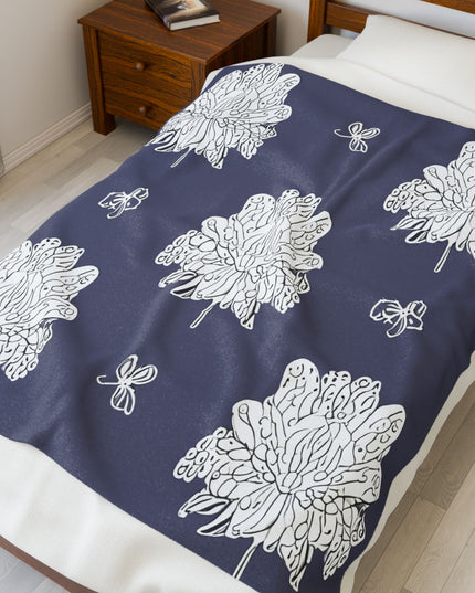 White Floral Butterflies Velveteen Plush Blanket, 50" x 60"