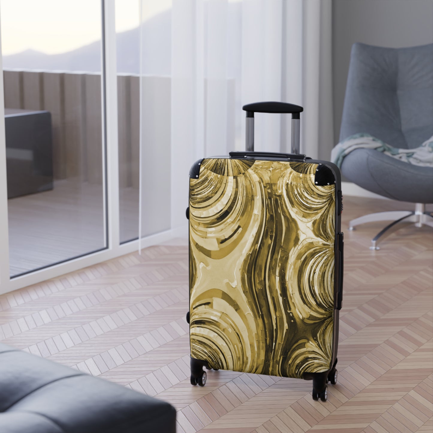 Uzi Spiral Light Brown Medium Suitcase with built in lock, 4 double-wheels, telescopic handle, and ABS back hard-shell