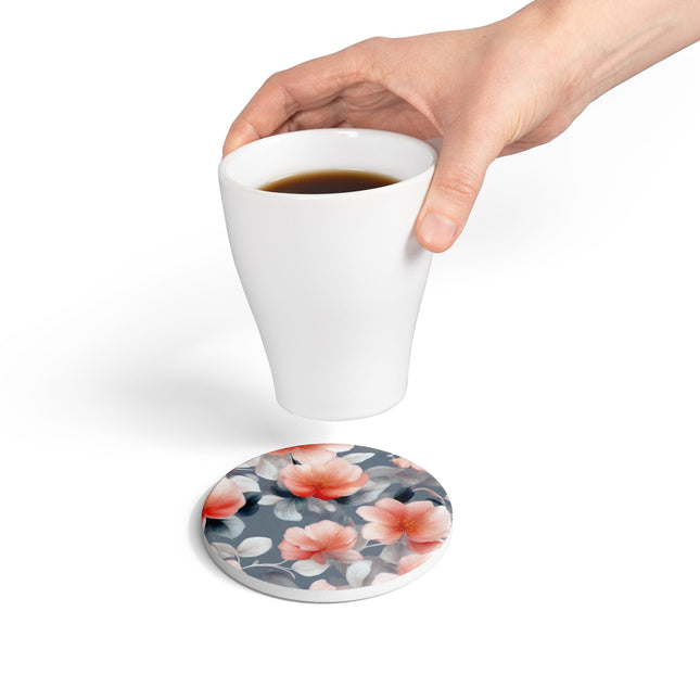 Red Blossom Floral Bunch Round Ceramic Coaster, 4" x 4"