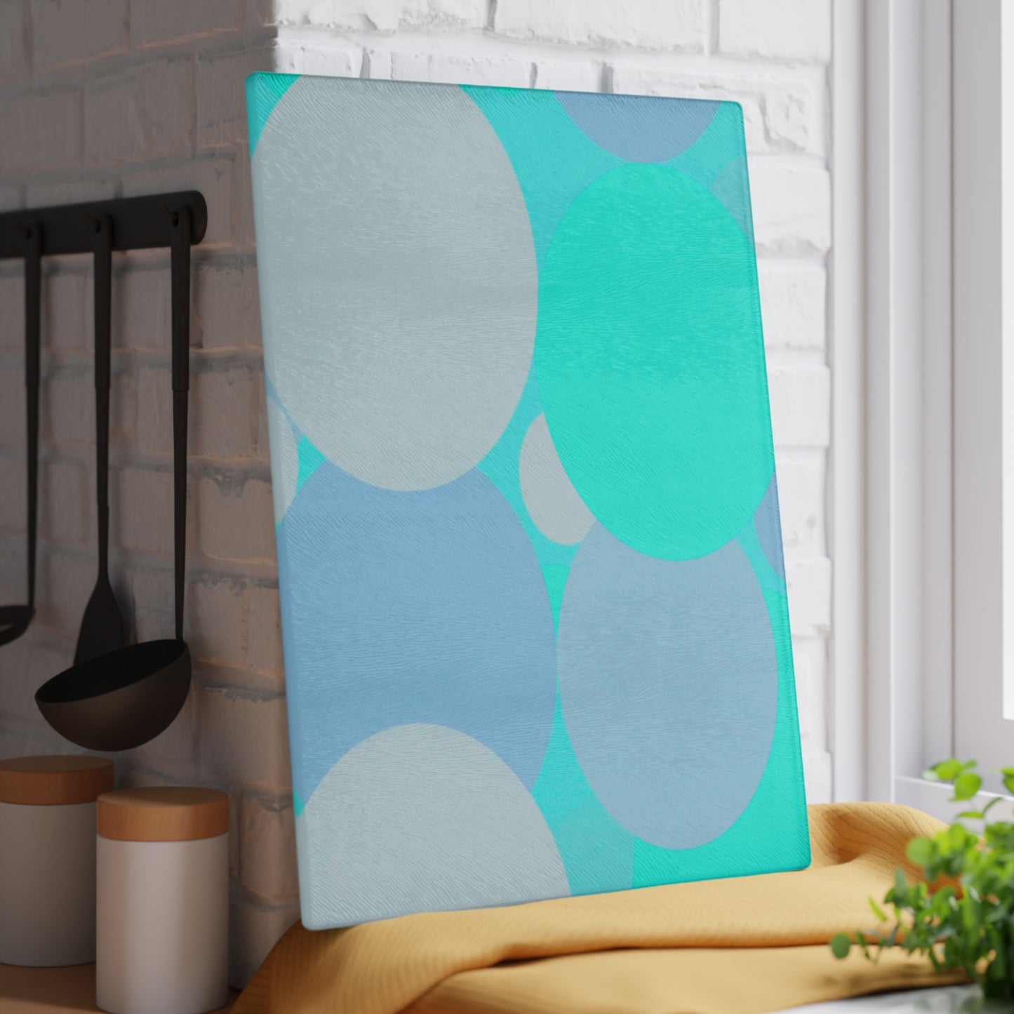 Pastel Tan and Tif Patches 11" x 15" Glass Cutting Board