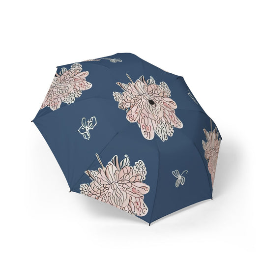 Rose White Floral Butterflies Foldable Umbrella - Compact & Chic