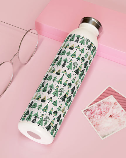 Mini Vintage Green Trees Slim Water Bottle, 20 oz White
