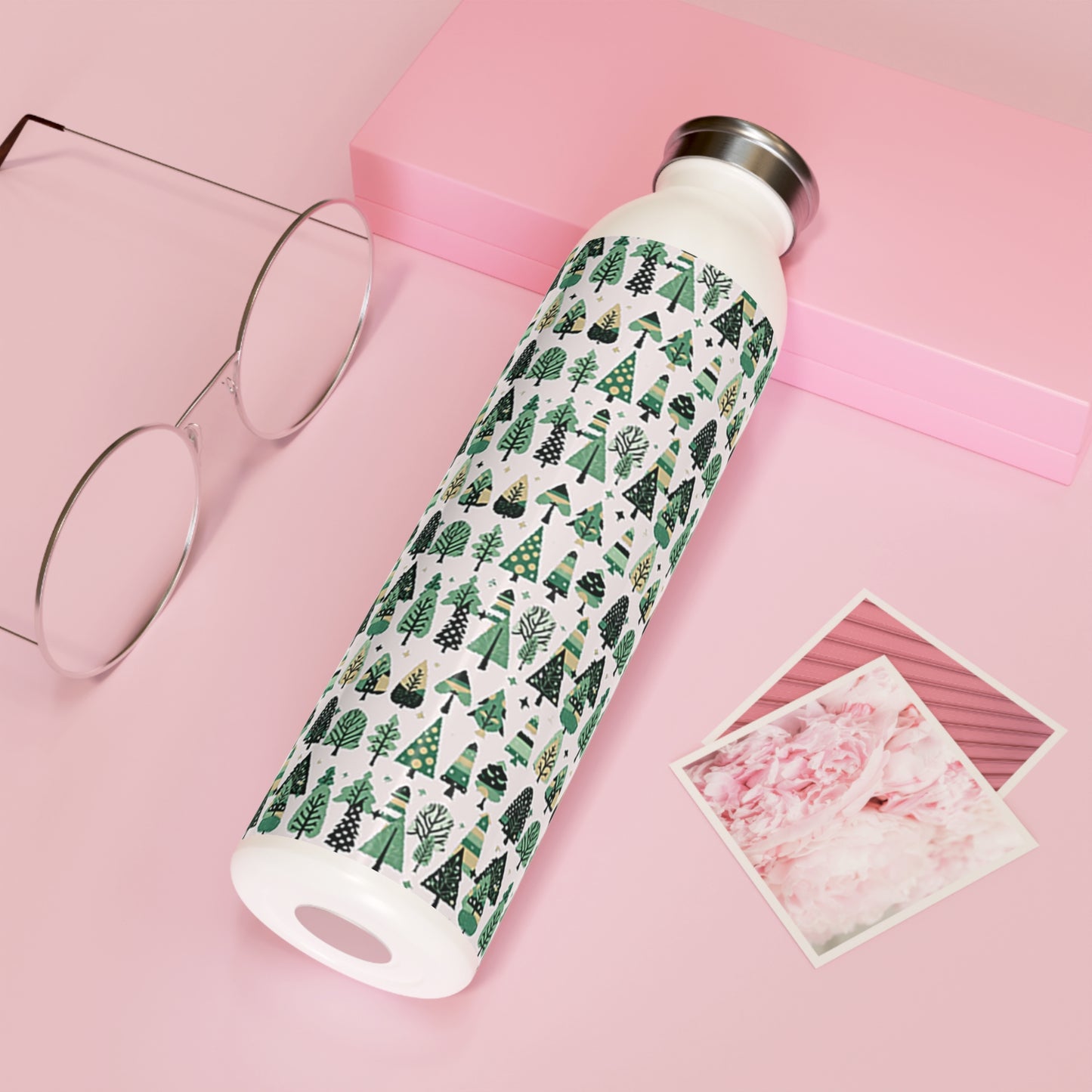 Mini Vintage Green Trees Fade Slim Water Bottle, 20 oz White