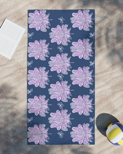 Purple White Floral Butterflies Beach Towel, 30" x 60"