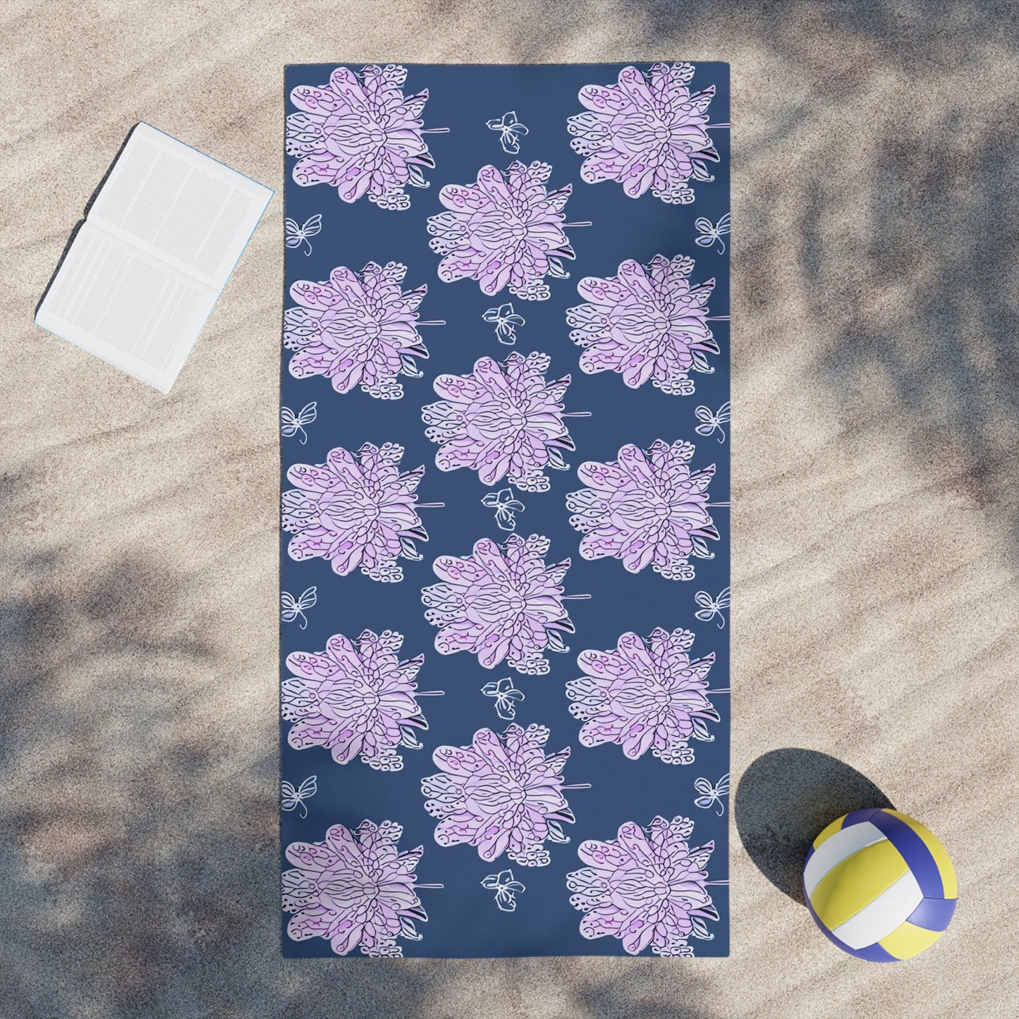 Purple White Floral Butterflies Beach Towel, 30" x 60"