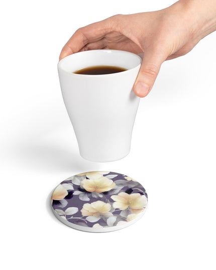 White Blush Floral Bunch Round Ceramic Coaster, 4" x 4"