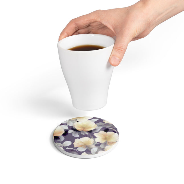 White Blush Floral Bunch Round Ceramic Coaster, 4" x 4"