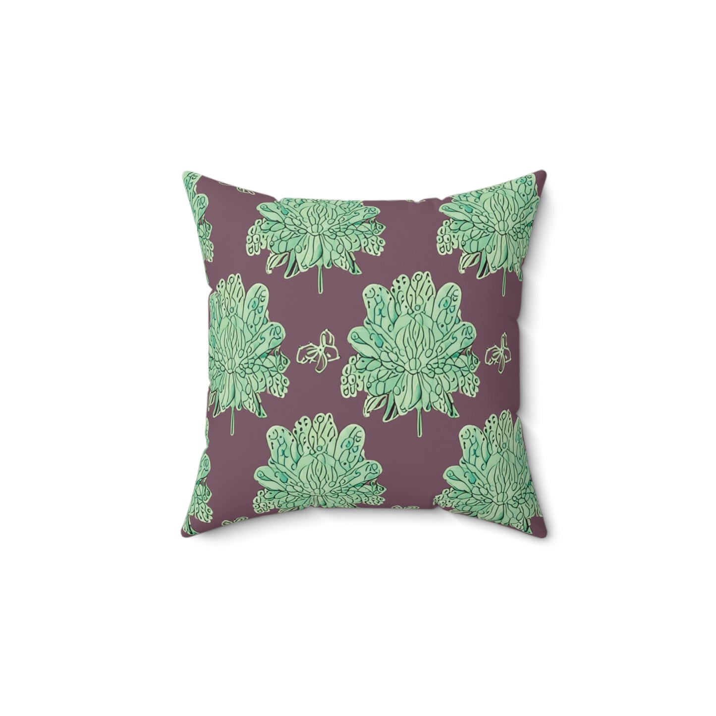 Mint Green Floral Butterflies 14" x 14" Faux Suede Square Pillow