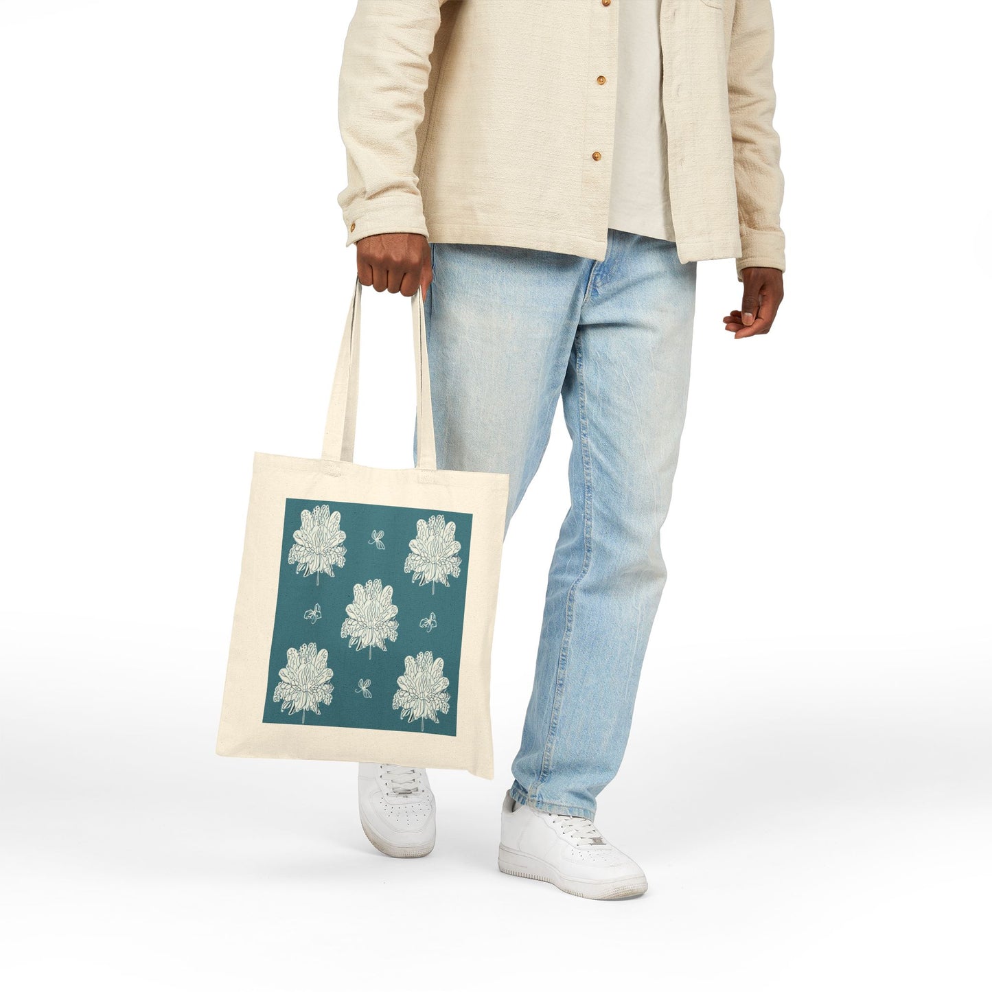 Tif Green White Floral Butterflies Cotton Canvas Tote Bag