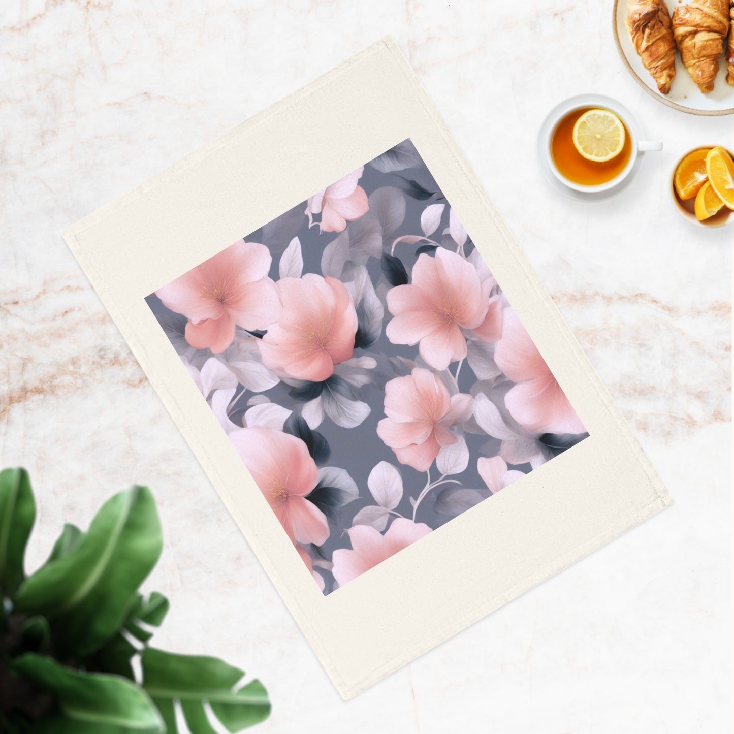 Peach and Blue Gray Floral Bunch Cotton Tea Towel 19.6" x 27.5"