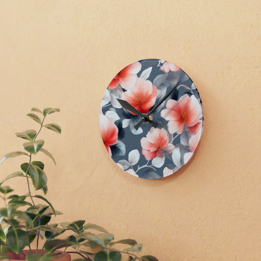Red Blossom Floral Bunch Acrylic Round Wall Clock, 8" x 8"