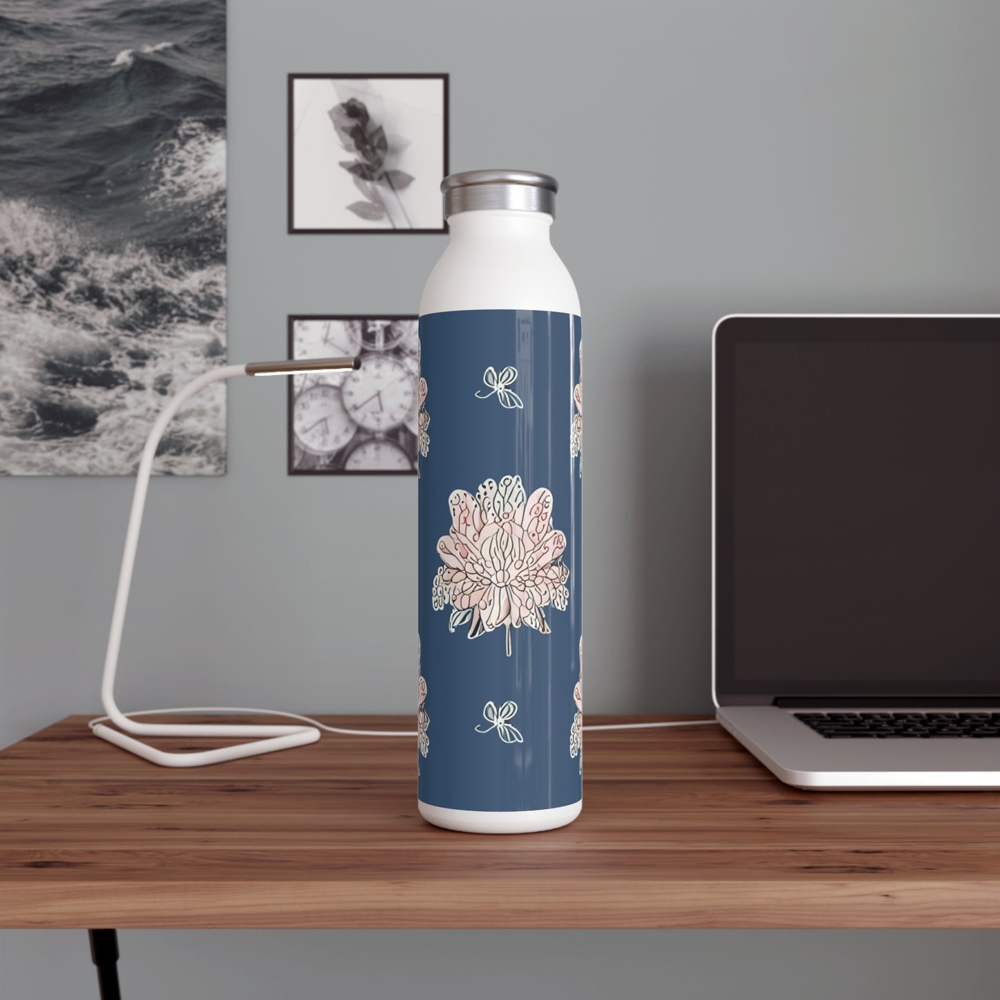 Rose White Floral Butterflies Slim Water Bottle, 20 oz White