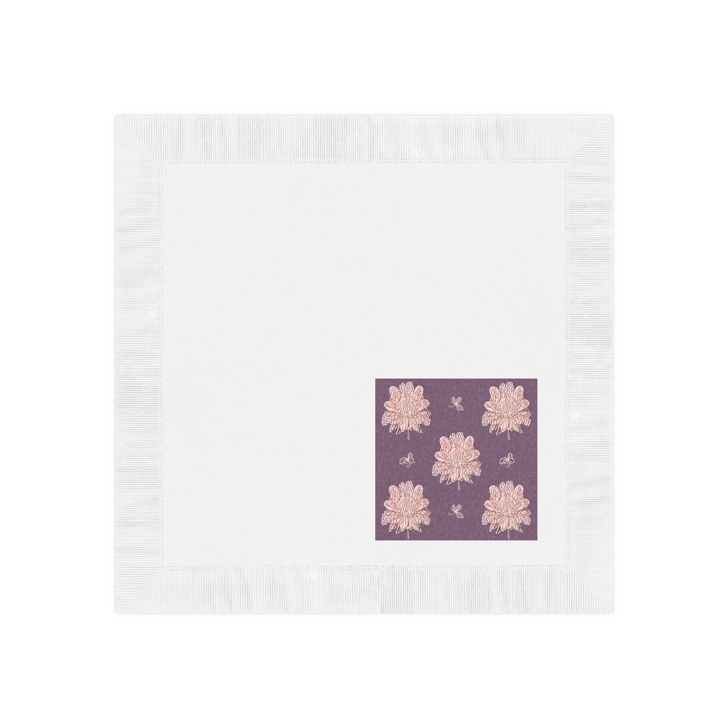 Pink Floral Butterflies White Coined Napkins, 4.8" x 4.8"