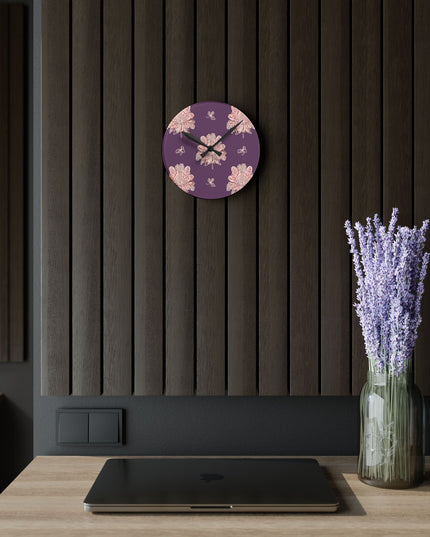 Pink Floral Butterflies Acrylic Round Wall Clock, 8" x 8"