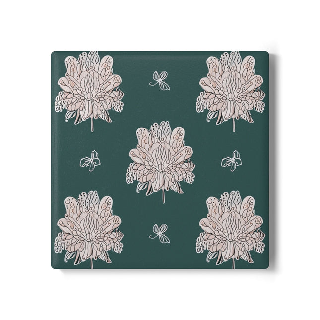 Soft White Floral Butterflies 4" x 4" Square Ceramic Coaster