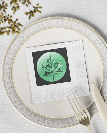 Mint Green Maple Leaf White Coined Napkins, 4.8" x 4.8"