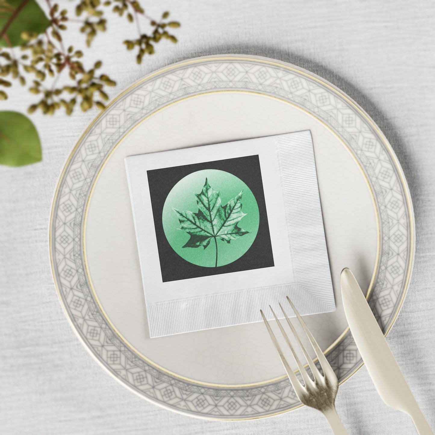 Mint Green Maple Leaf White Coined Napkins, 4.8" x 4.8"