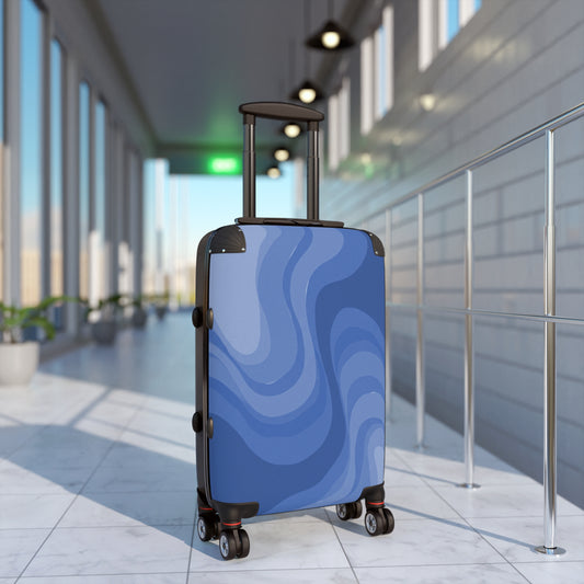 Deep Blue Wavey Small Suitcase with built in lock, 4 double-wheels, telescopic handle, and ABS back hard-shell