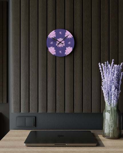 Magenta Floral Butterflies Acrylic Round Wall Clock, 8" x 8"