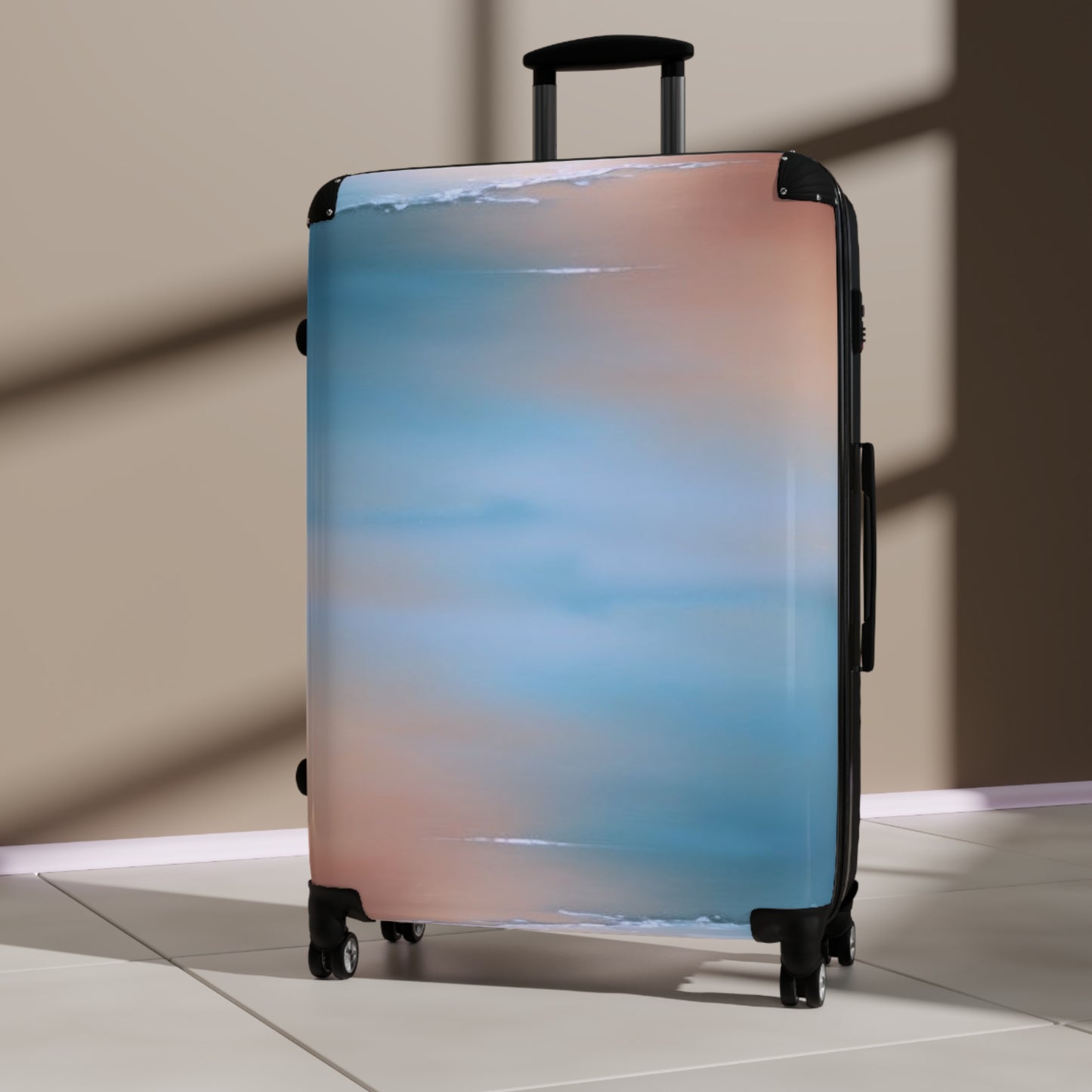 Blue Sea Peach Fog Large Suitcase with built in lock, 4 double-wheels, telescopic handle, and ABS back hard-shell