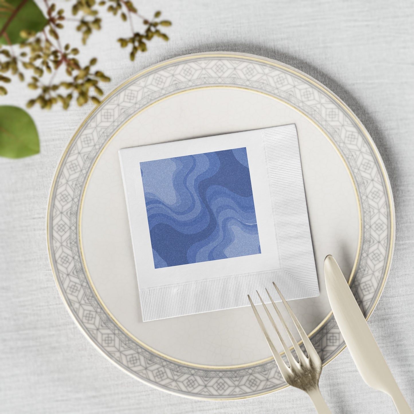 Deep Blue Wavey White Coined Napkins, 4.8" x 4.8"
