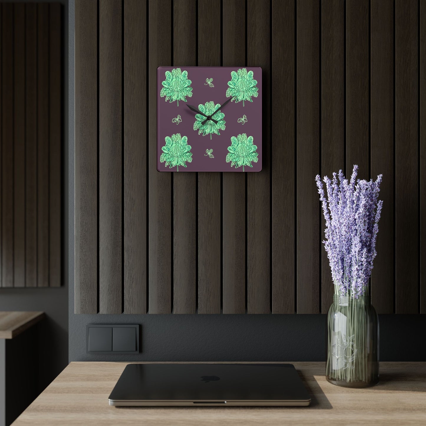 Mint Green Floral Butterflies Acrylic Wall Clock, Round or Square, 10.75" x 10.75"
