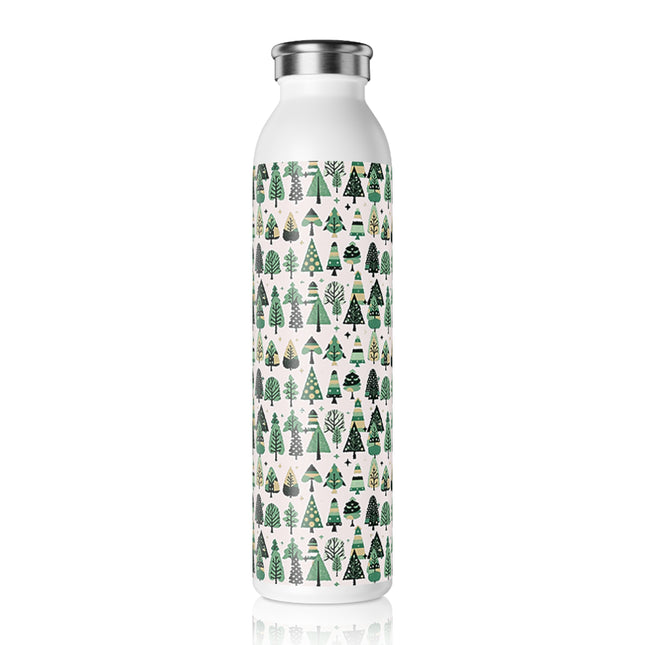 Mini Vintage Green Trees Slim Water Bottle, 20 oz White