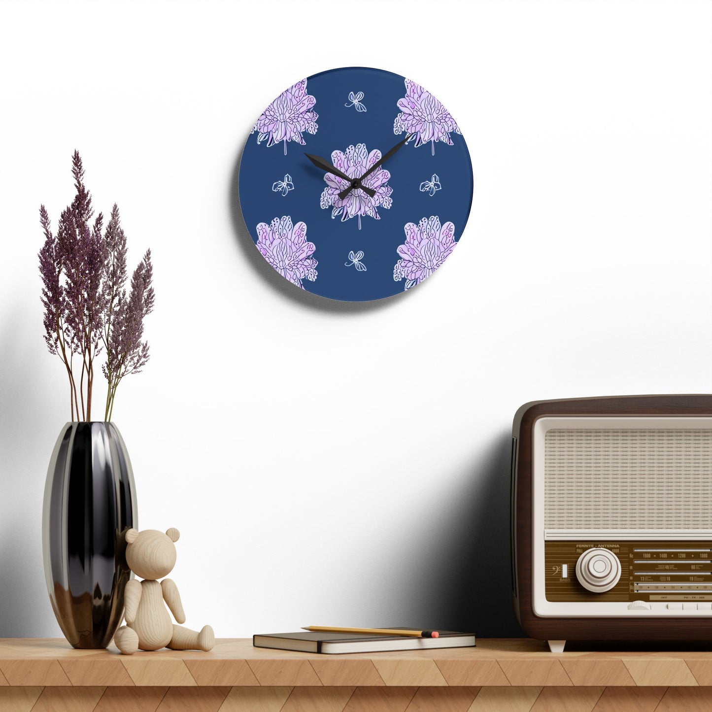 Purple White Floral Butterflies Acrylic Wall Clock, Round or Square, 10.75" x 10.75"