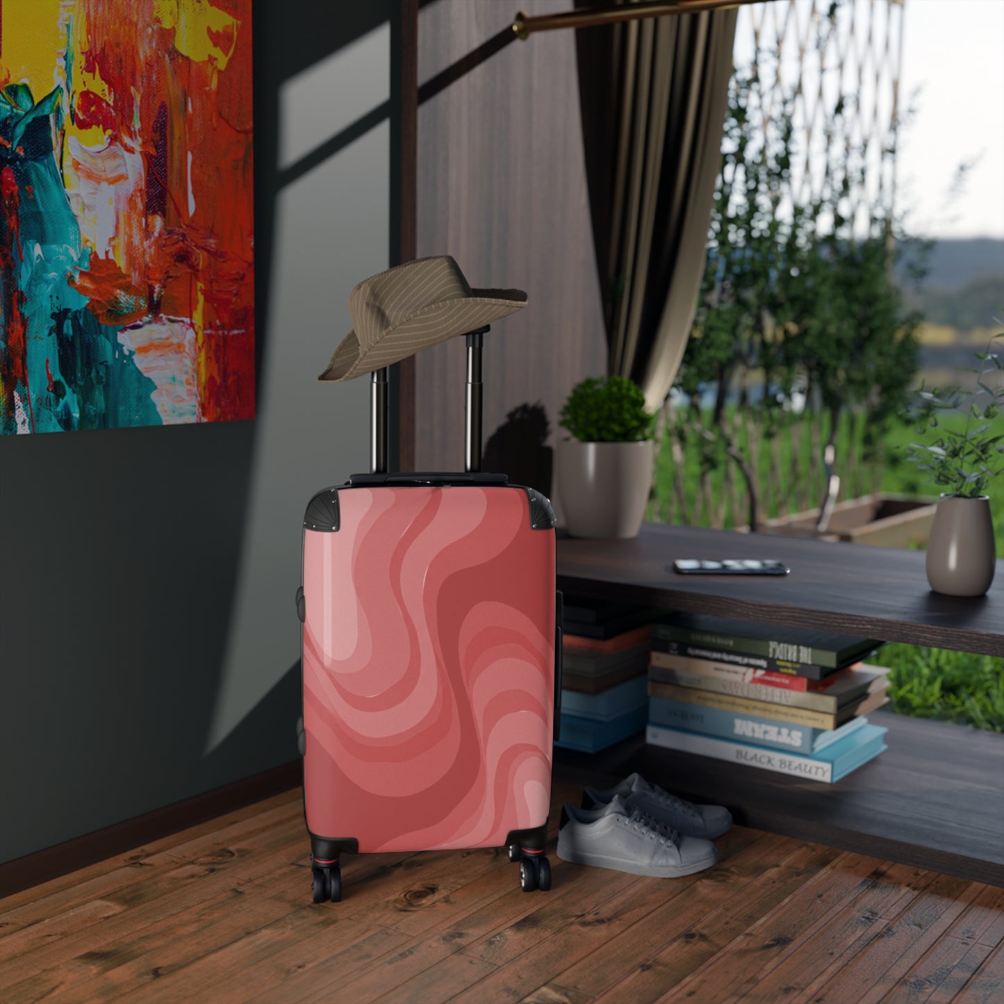 Power Red Wavey Small Suitcase with built in lock, 4 double-wheels, telescopic handle, and ABS back hard-shell