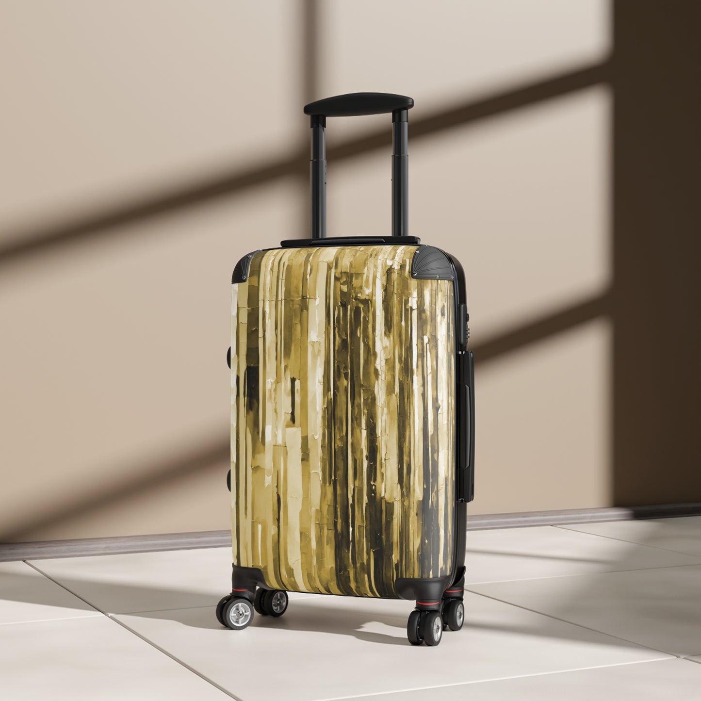 Striped Light Brown Small Suitcase with built in lock, 4 double-wheels, telescopic handle, and ABS back hard-shell