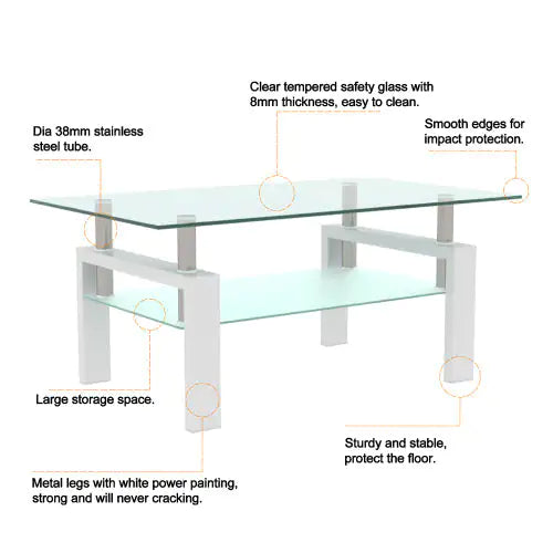 Sleek Modern White Coffee Table with Clear Glass Top – Stylish Center & Side Table for Living Room Furniture