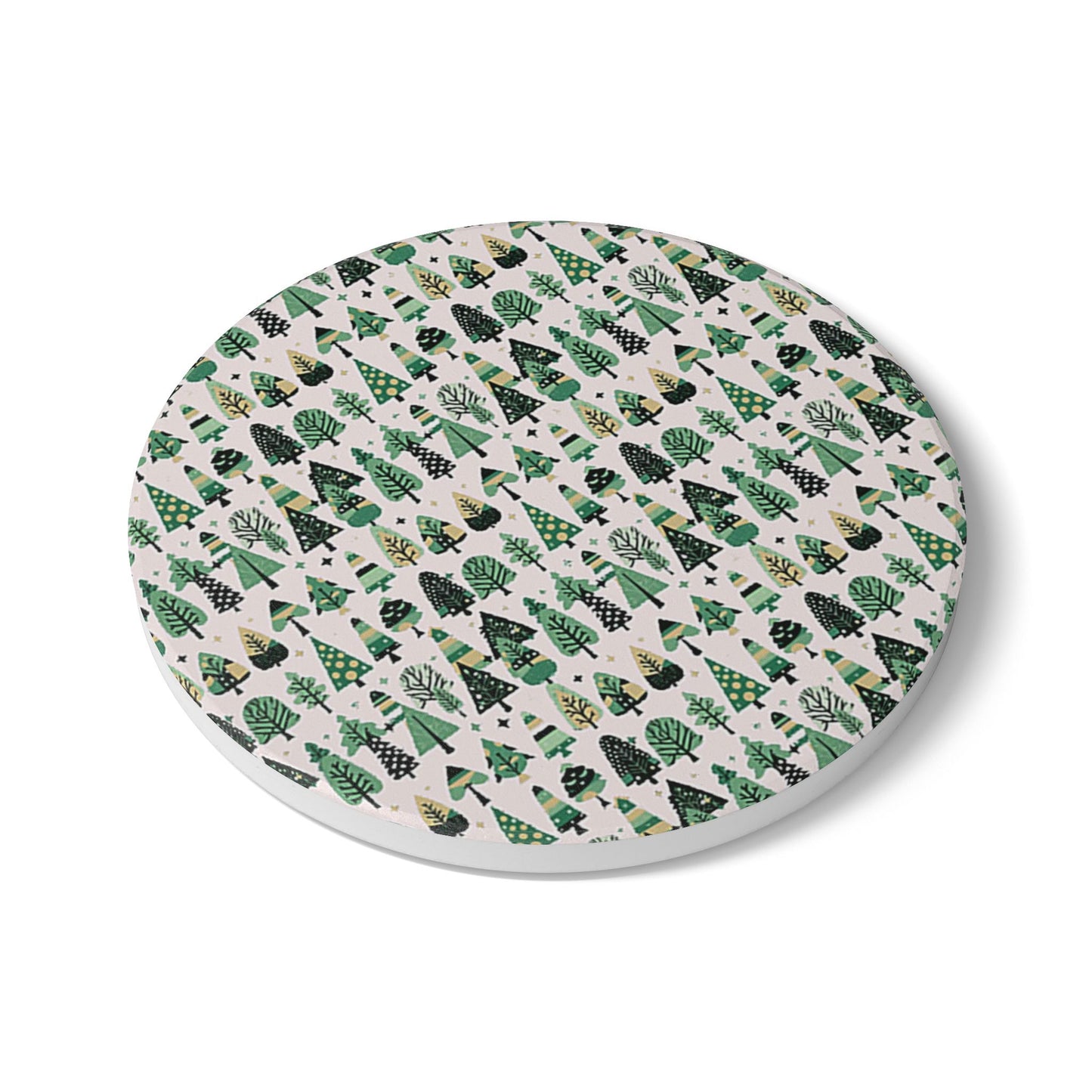 Mini Vintage Green Trees 4" x 4" Round Ceramic Coaster