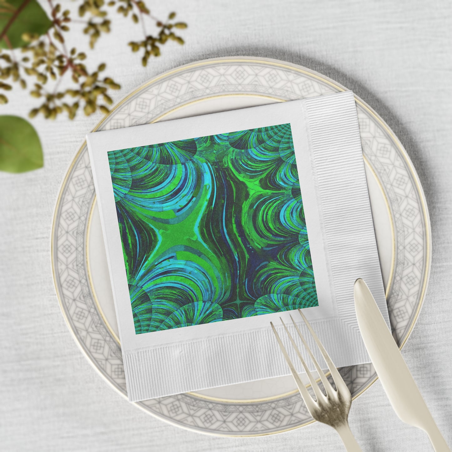Uzi Spiral Blue Green White Coined Napkins, 6.5" x 6.5"
