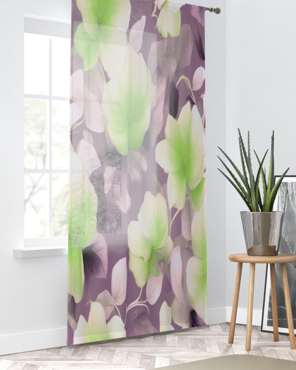 Lime Lavender Floral Bunch Sheer Window Curtain, 50" x 84", partially transparent