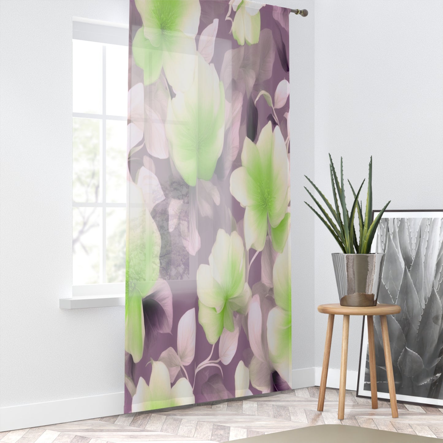 Lime Lavender Floral Bunch Sheer Window Curtain, 50" x 84", partially transparent