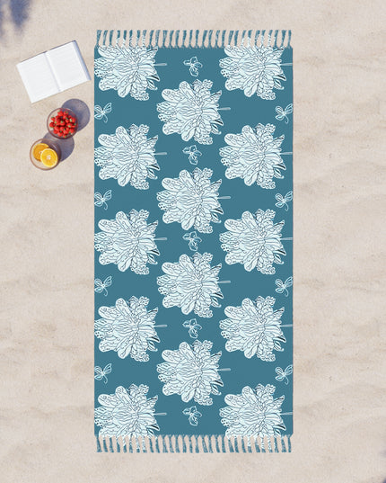 Tif Green White Floral Butterflies 38" × 81" Boho Beach Cloth