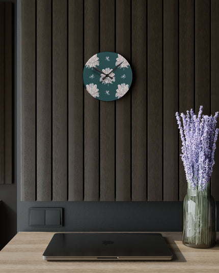 Soft White Floral Butterflies Acrylic Round Wall Clock, 8" x 8"